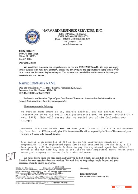 USA Delaware registration certificate Word and PDF template, version 2